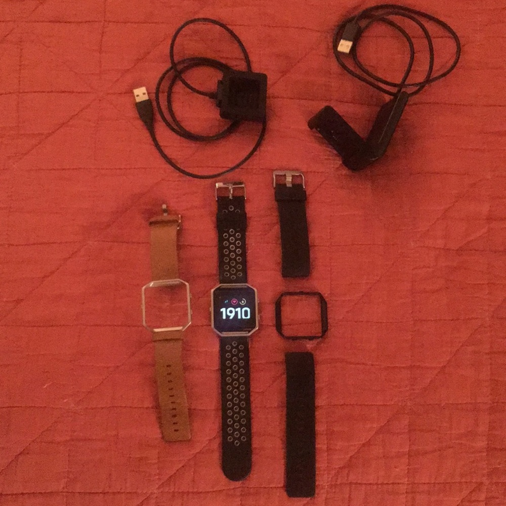 Fitbit Blaze watch, straps, and chargers
